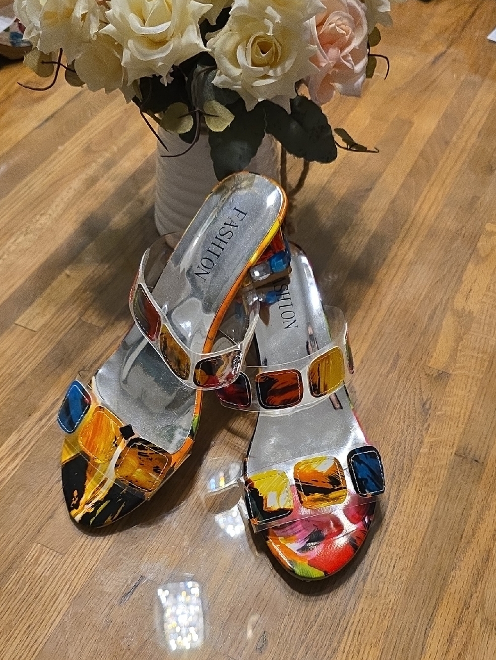 Fashion Multicolor Leather Slip-On Mules with Painted Tile Accents
